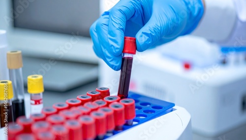 Blood testing screening biomarkers concept. Laboratory technician handling blood samples in test tubes.
