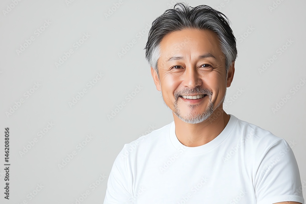A joyful middle-aged man with gray hair smiles warmly against a neutral background, embodying happiness and confidence. His friendly expression invites engagement and positivity.