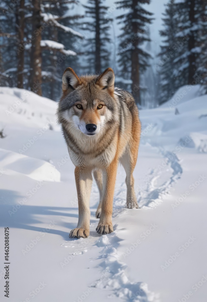 Naklejka premium A lone Eurasian wolf tracks through deep snow , winter, footprints, prey