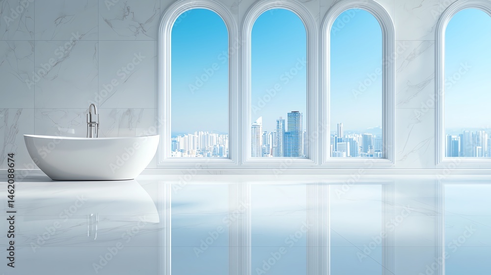 A modern bathroom featuring large arch windows with a stunning city view