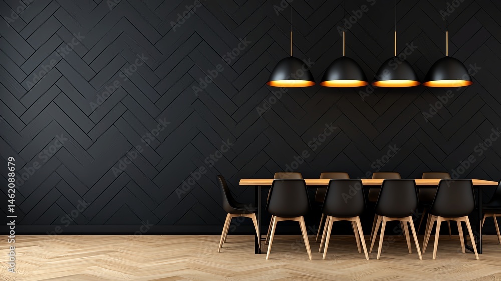 A modern dining area featuring a dark, textured wall and elegant lighting. The sleek table and chairs create a stylish and inviting atmosphere for gatherings and meals.