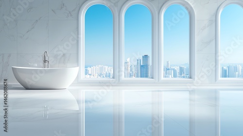 Obraz na płótnie A modern bathroom featuring large arch windows with a stunning city view w salonie
