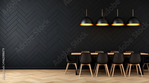 Obraz na płótnie A modern dining area featuring a dark, textured wall and elegant lighting. The sleek table and chairs create a stylish and inviting atmosphere for gatherings and meals. w salonie