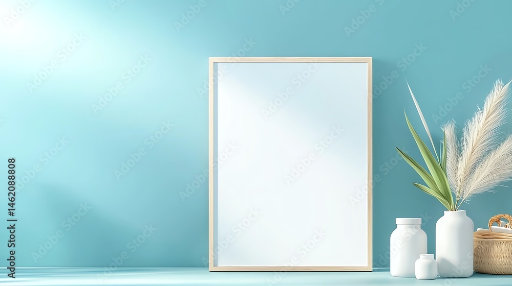 A modern interior scene featuring a blank mirror framed in wood, positioned against a soothing turquoise wall, complemented by decorative vases and a touch of greenery for a fresh