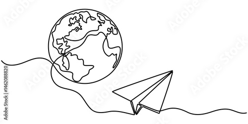 One continuous line drawing of Earth with paper airplane, Continuous line drawing of planet earth in world care concept thin line illustration, Paper Plane Single Line Icon. 