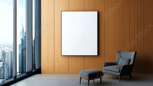Obraz na płótnie A modern interior featuring a stylish armchair and ottoman next to a large window, showcasing a minimalistic wall with a blank canvas frame, perfect for creative decoration. w salonie