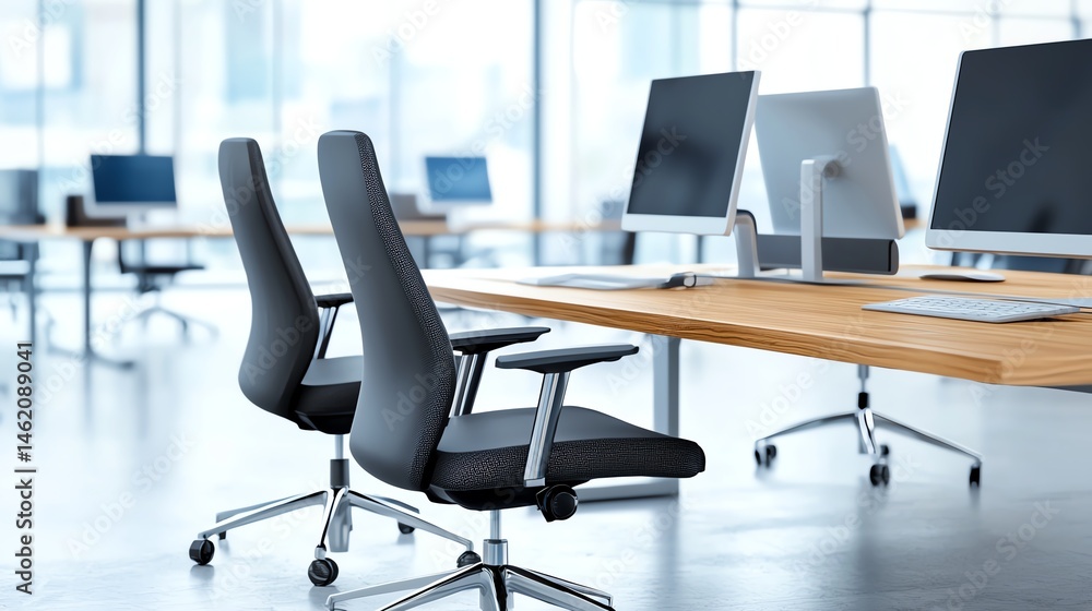 A modern office interior featuring sleek computer desks and ergonomic chairs. Large windows provide natural light, creating a comfortable working environment for productivity.