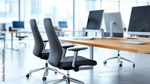 A modern office interior featuring sleek computer desks and ergonomic chairs. Large windows provide natural light, creating a comfortable working environment for productivity.