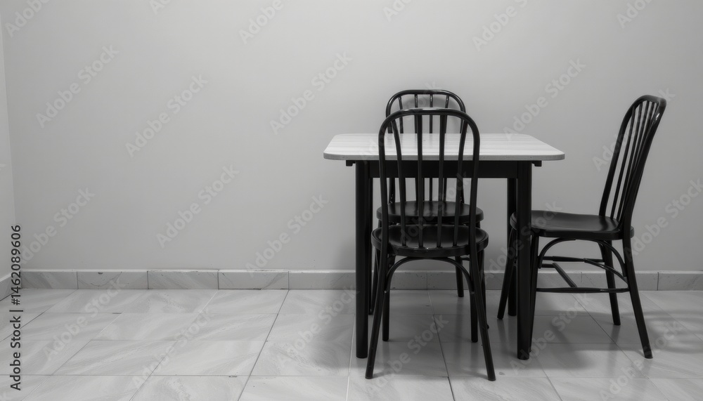 Fototapeta premium Empty dining area with a table and three chairs.