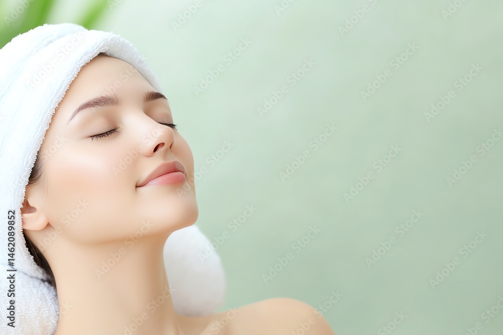 A serene young woman enjoying a relaxing spa moment, adorned with a towel. Her peaceful expression reflects tranquility, making it ideal for relaxation and beauty themes.