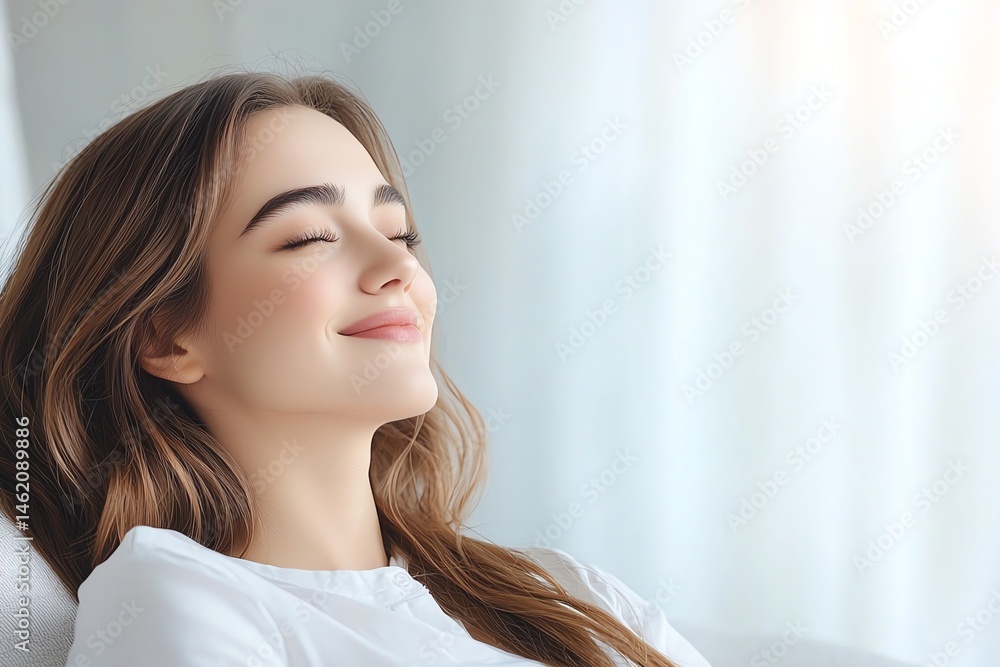 A serene woman enjoying a moment of relaxation at home, exuding calmness and happiness. Soft natural light enhances her peaceful expression against a cozy backdrop.