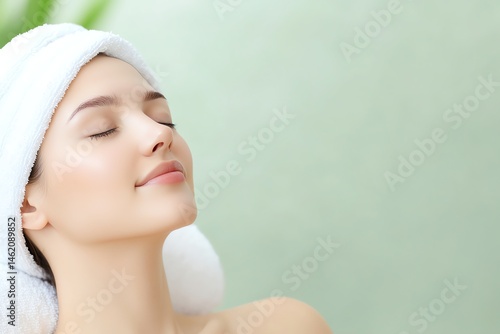 Obraz na płótnie A serene young woman enjoying a relaxing spa moment, adorned with a towel. Her peaceful expression reflects tranquility, making it ideal for relaxation and beauty themes. w salonie