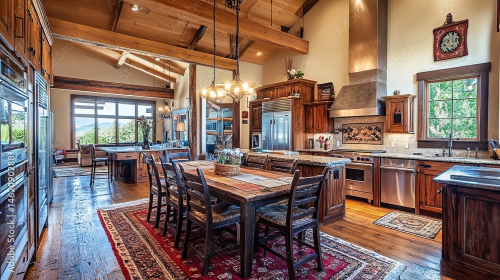 Spacious kitchen with a central dining table.. Spacious kitchen with a central dining table..