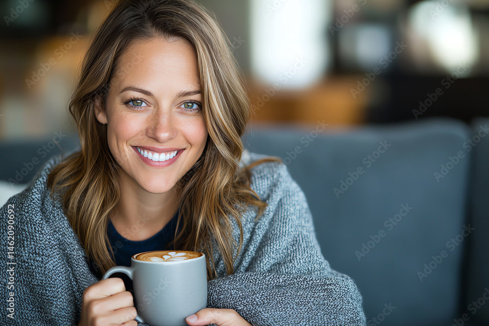 A smiling woman wrapped in a cozy blanket enjoys a warm cup of coffee. The inviting atmosphere highlights comfort and relaxation, creating a perfect scene for leisurely mornings.