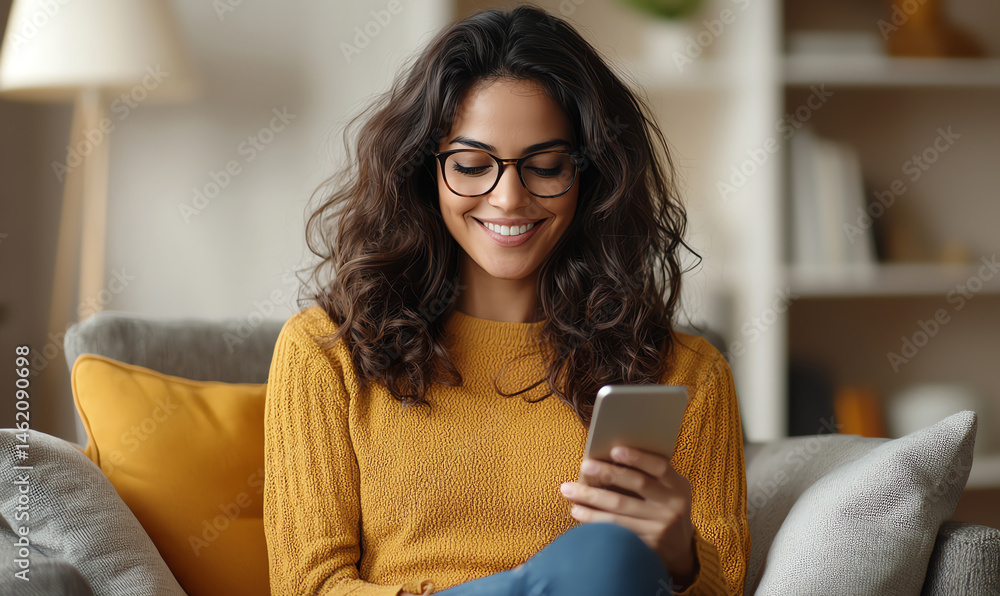 A smiling woman with curly hair sits comfortably on a sofa, wearing glasses and using a smartphone. The cozy atmosphere and warm colors convey happiness and relaxation at home.