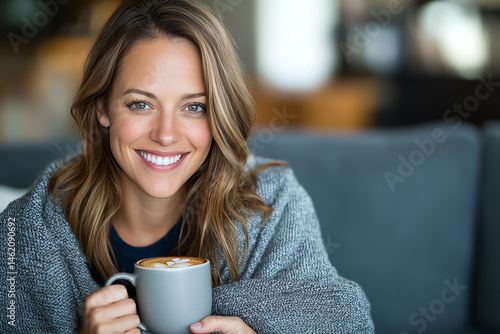 Obraz na płótnie A smiling woman wrapped in a cozy blanket enjoys a warm cup of coffee. The inviting atmosphere highlights comfort and relaxation, creating a perfect scene for leisurely mornings. w salonie