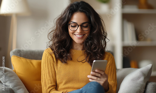 Obraz na płótnie A smiling woman with curly hair sits comfortably on a sofa, wearing glasses and using a smartphone. The cozy atmosphere and warm colors convey happiness and relaxation at home. w salonie