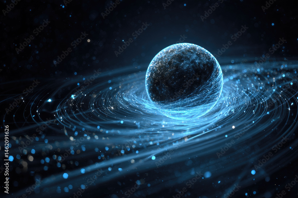 Obraz premium Glowing sphere surrounded by swirling blue light trails creates sense of cosmic energy and motion in dark, starry space. digital art evokes futuristic and mysterious atmosphere