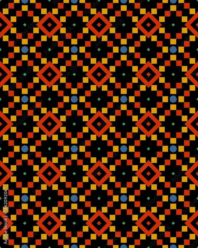 This vibrant design features a colorful pattern of diamonds and squares on a dark background for a striking visual effect This vibrant design features a colorful pattern of diamonds and squares on a dark background for a striking visual effect