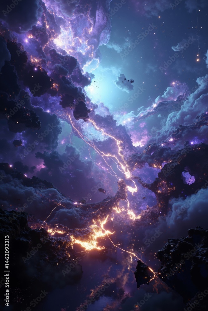 Obraz premium A purple and blue sky filled with clouds and lightning