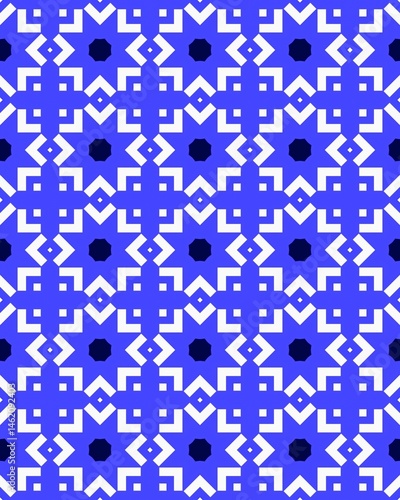 Intricate geometric shapes form a lively pattern in blue and white, suitable for textiles and other artistic uses