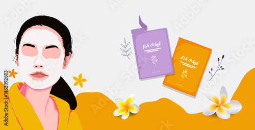 Vector illustration of a woman relaxing with a face sheet mask and skincare sachets on the side. Ideal for beauty, facial treatment, wellness spa, self-care, and natural skincare product promotions