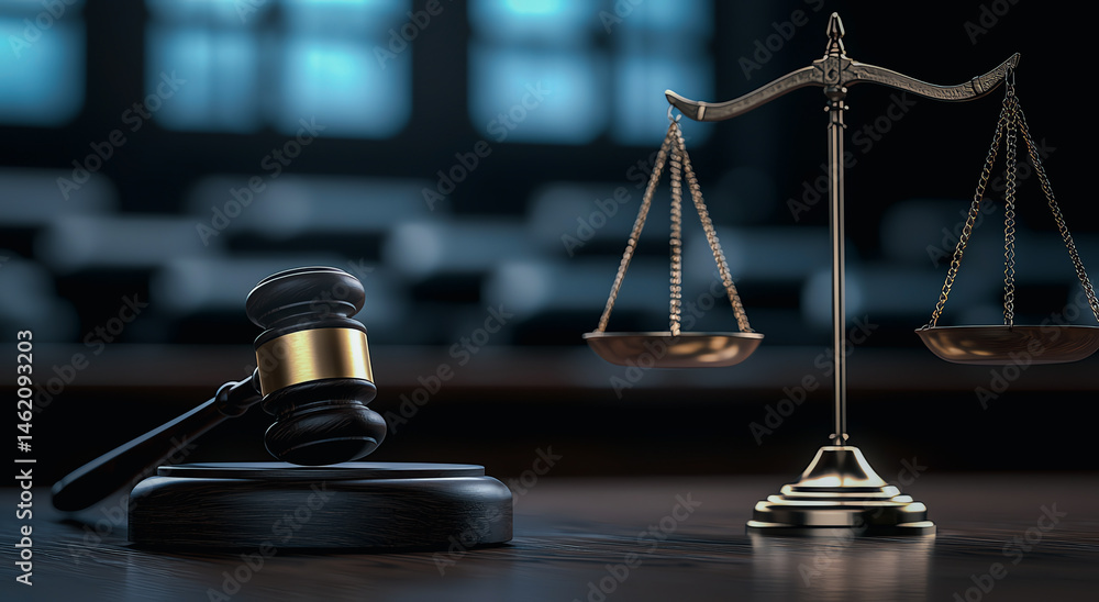 3D rendering of wooden gavel and golden scales on dark wooden table in courtroom setting, symbolizing justice and law. background is softly blurred, creating focused and serious atmosphere