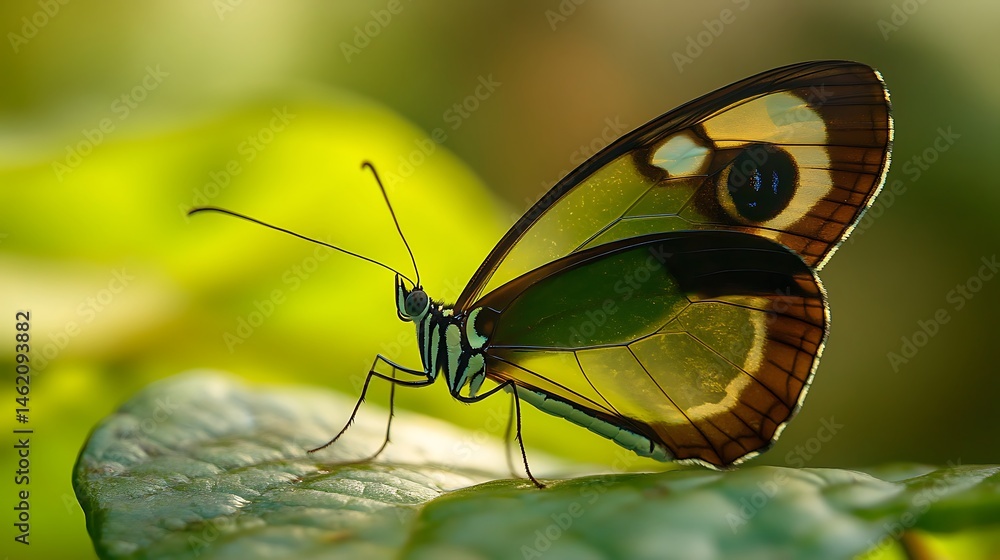 Obraz premium Butterfly Resting on Green Leaf with Translucent Wing Details and Eye Spot