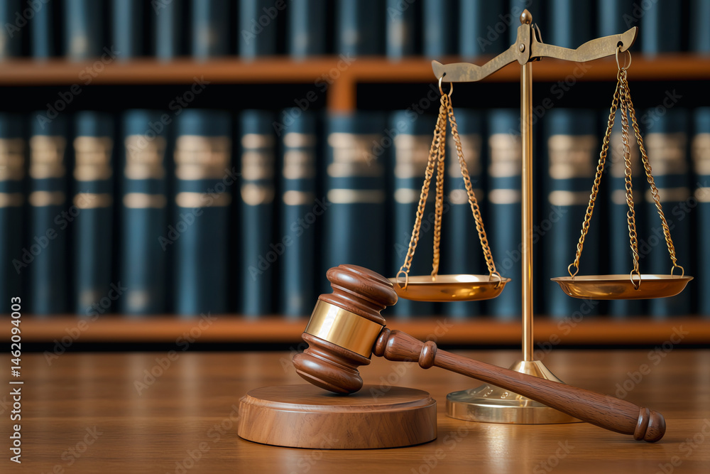 gavel and scales of justice sit prominently on wooden table, symbolizing law and fairness. background features rows of law books, emphasizing legal setting