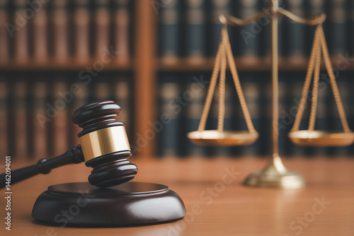 Obraz na płótnie gavel and scales of justice sit prominently on wooden table, symbolizing law and fairness in courtroom setting. background features blurred bookshelves filled with legal volumes w salonie