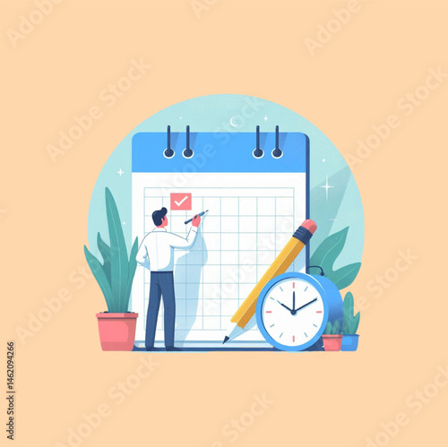 A man is writing on a calendar with a pencil, vector illustration