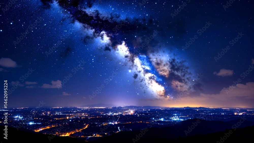 Fototapeta premium A brilliant Milky Way stretches across a starry night sky above a glowing cityscape, blending urban lights with cosmic beauty.