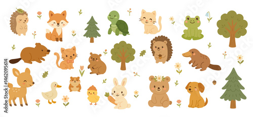 Cute Animal Vector illustration Icon Set isolated on a white background.