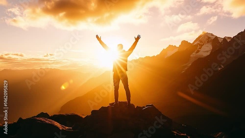 a person who prays with his hands raised against the setting of the sun