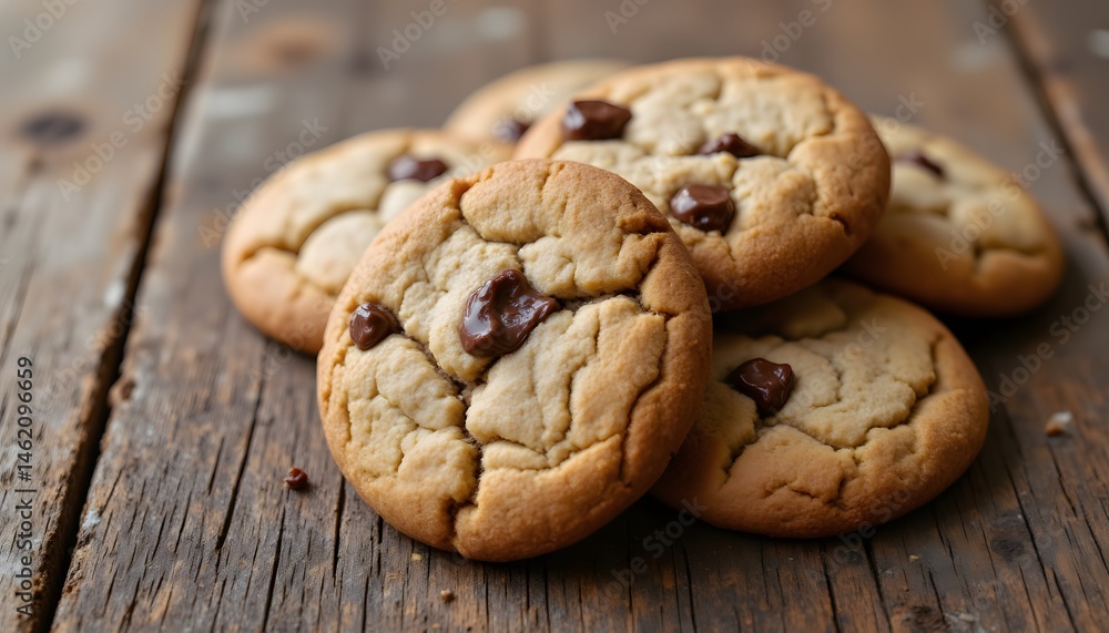 a cluster of warm, golden brown cookies, each studded with melted chocolate morsels a cluster of warm, golden brown cookies, each studded with melted chocolate morsels