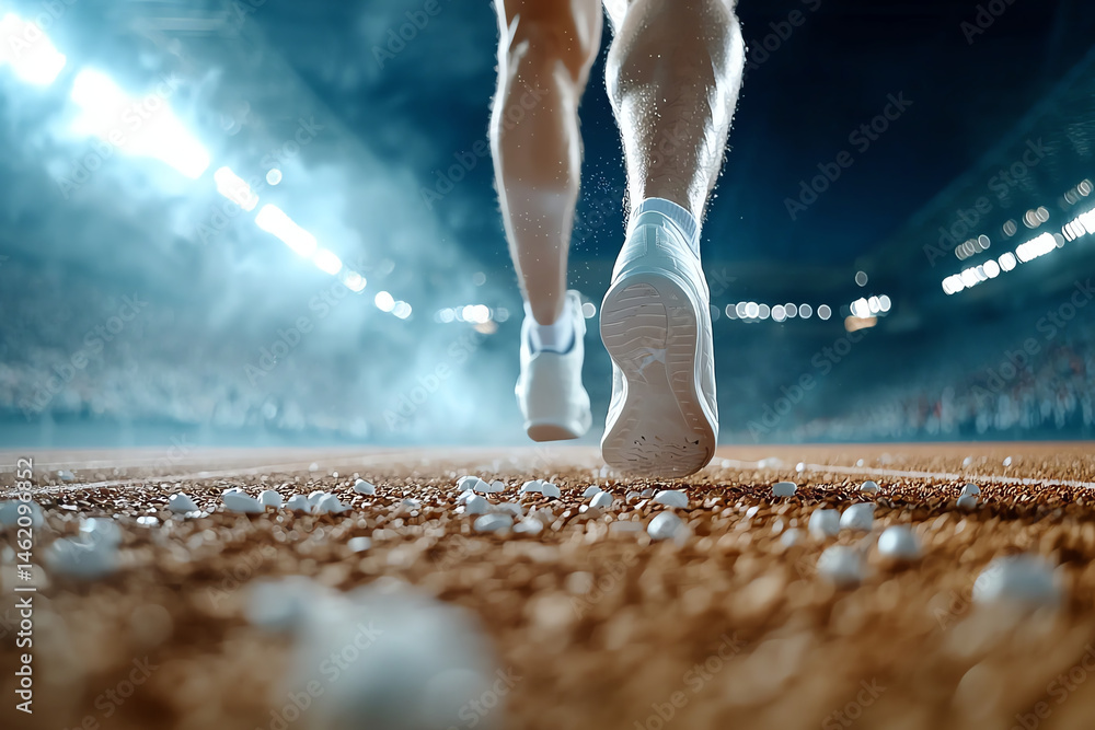 Close up of male runner feet in motion on track, showcasing determination and speed amidst dynamic sports environment filled with excitement and energy
