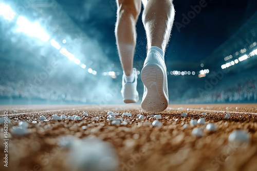 Obraz na płótnie Close up of male runner feet in motion on track, showcasing determination and speed amidst dynamic sports environment filled with excitement and energy w salonie