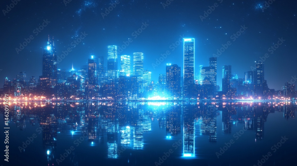 Obraz premium Night cityscape with tall buildings lit by white and blue lights, reflected in water, under a starry sky, evokes calm and tranquility.