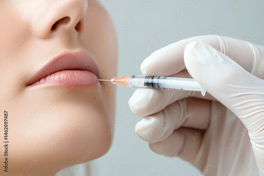 close up of young woman face during cosmetic procedure, showcasing syringe being used for lip enhancement. scene conveys sense of beauty and self care