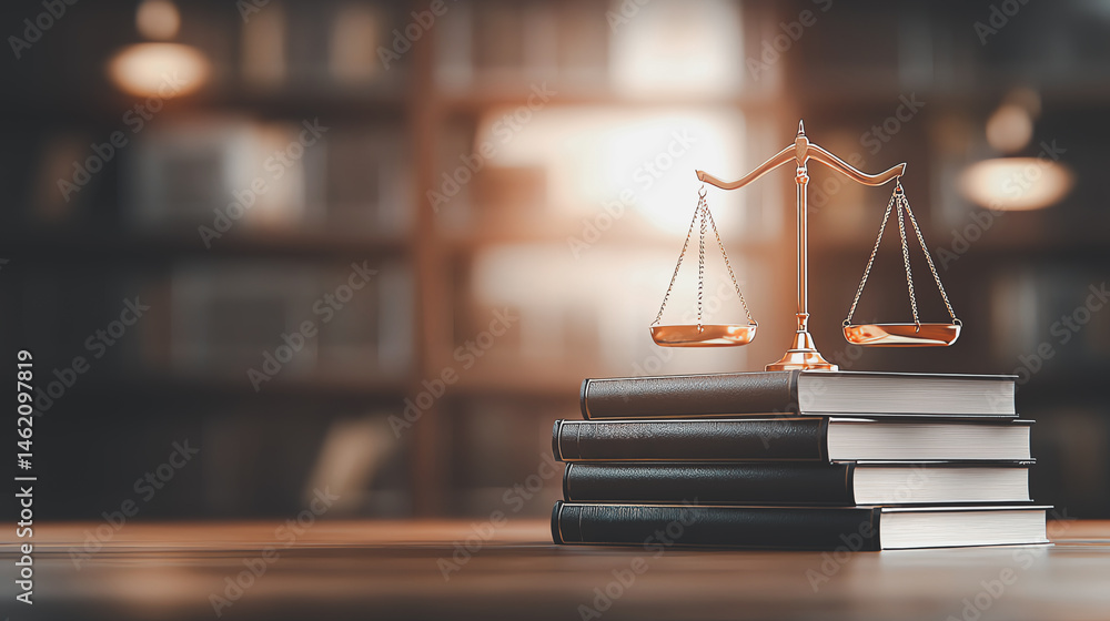 stack of law books with golden scales of justice on top is set against blurred library background, creating dramatic and professional atmosphere