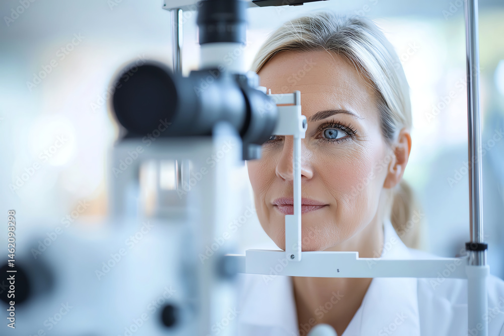 female patient undergoing eye checkup with advanced optical equipment, showcasing focused expression during examination. environment is bright and clinical, emphasizing importance of eye health