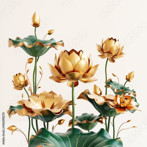 Elegant golden lotus flowers with green leaves on a light background illustration