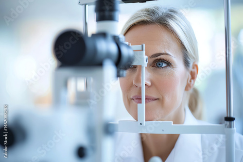 Obraz na płótnie female patient undergoing eye checkup with advanced optical equipment, showcasing focused expression during examination. environment is bright and clinical, emphasizing importance of eye health w salonie
