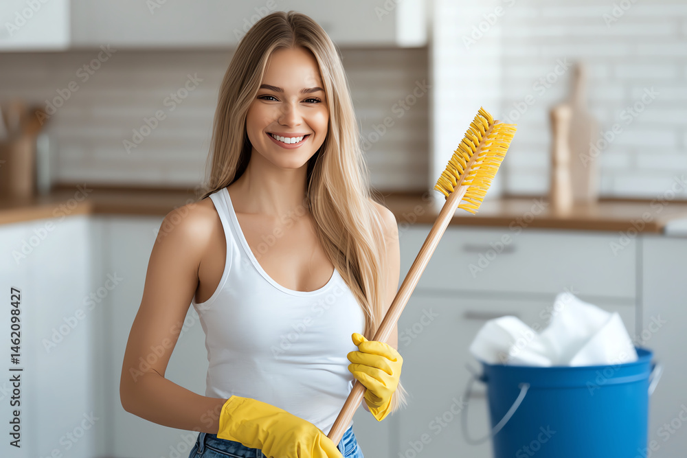 cheerful young woman with long blonde hair is smiling while holding cleaning brush in one hand and wearing yellow rubber gloves. She stands in bright kitchen, ready to tackle household chores