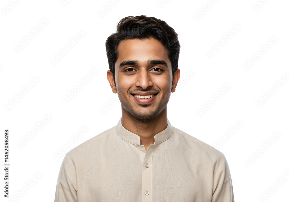 Young South Asian Man Smiling in Traditional Beige Attire Against Black Background, Exuding Warmth and Confidence Young South Asian Man Smiling in Traditional Beige Attire Against Black Background, Exuding Warmth and Confidence