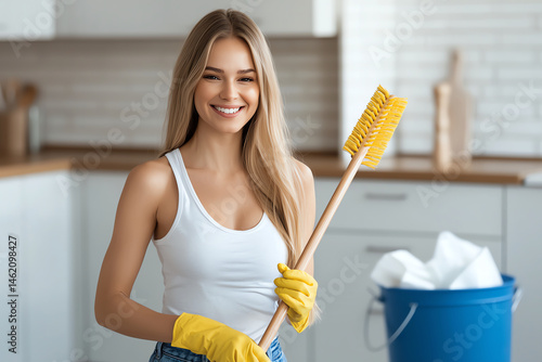 Obraz na płótnie cheerful young woman with long blonde hair is smiling while holding cleaning brush in one hand and wearing yellow rubber gloves. She stands in bright kitchen, ready to tackle household chores w salonie