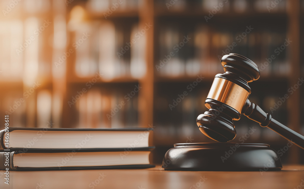 gavel rests on wooden table beside two books, symbolizing justice and law in library setting. warm lighting creates solemn and authoritative atmosphere