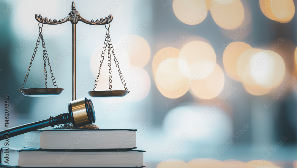 gavel and scales of justice rest on stack of books, symbolizing law and fairness. blurred background with warm bokeh lights adds sense of calm and focus