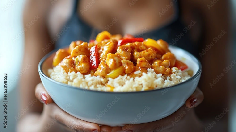 Bowl of savory chicken and peppers over rice Bowl of savory chicken and peppers over rice