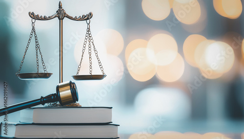 Obraz na płótnie gavel and scales of justice rest on stack of books, symbolizing law and fairness. blurred background with warm bokeh lights adds sense of calm and focus w salonie
